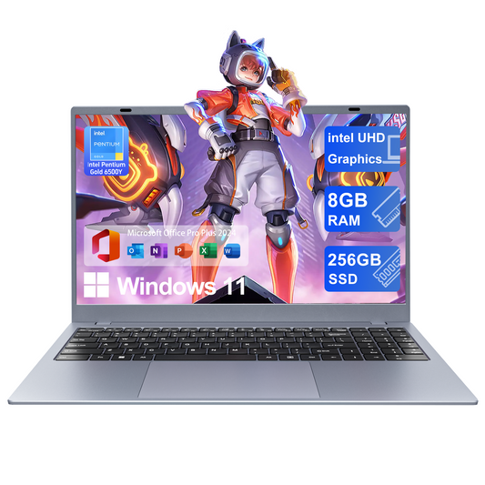 RNRUO 15.6" Windows 11 Laptop, 8GB RAM 256GB SSD, Intel Pentium Gold 6500Y with 2 Cores Up to 3.4GHz, Full HD Display, Office 2024, WiFi5 BT5.0, Laptop Computer for Business, Student, Home Office