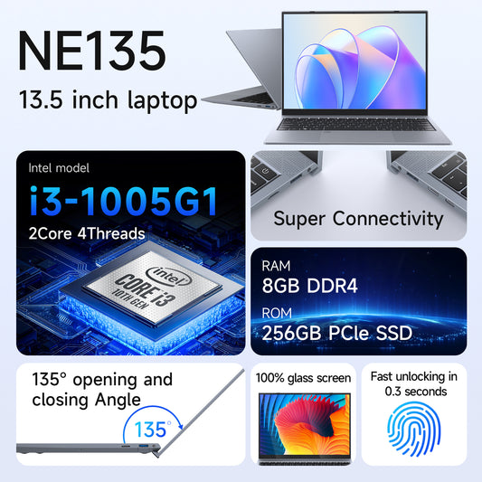 13.5 Intel core i3-1005G1 Laptop DDR4 8GB RAM 256GB SSD Business Student Computer, Backlit Keyboard, Fingerprint Recognition, 2256 * 1504 IPS 2K, WIFi6, USB3.2,PD/DP,1.2kg Portable Notebook 我的商店