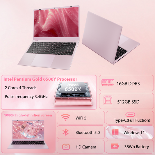RNRUO 15.6" Pink Laptop Computer, 8GB RAM 256GB SSD, Intel Pentium Gold 6500Y With 2 Cores, up to 3.4GHz, FHD Display, Office 2024, WiFi5 BT5.0, PC Laptop for Business, Student, Office
