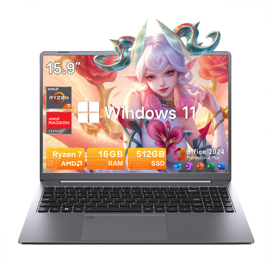RNRUO 15.9" Gaming Laptop, 16GB DDR5 RAM 512GB SSD, AMD Ryzen 7 7735H, 8 Cores Up to 4.75GHz, 2560*1600 Display Fingerprint Backlit KB, WiFi6 BT5.3, Windows 11 Computer for Gaming, Business, Study