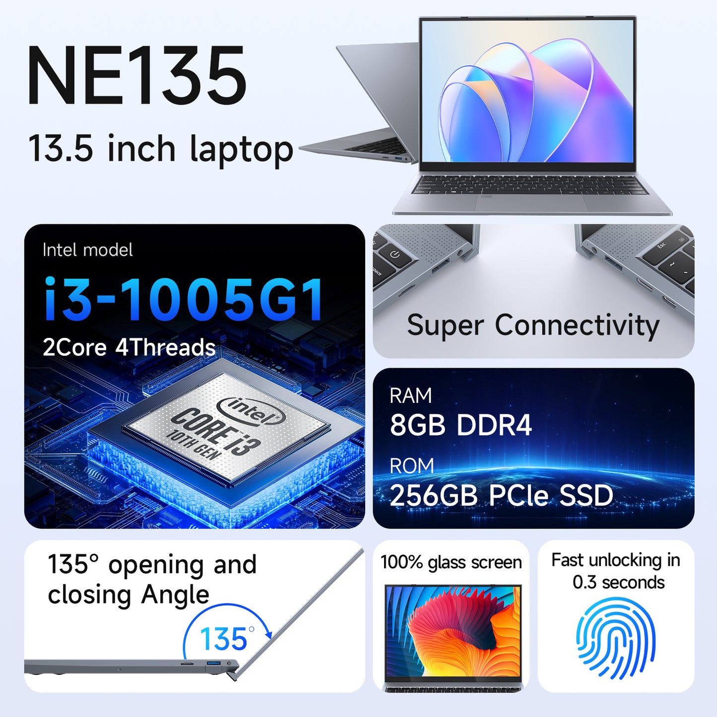 13.5 Intel core i3-1005G1 Laptop DDR4 8GB RAM 256GB SSD Business Student Computer, Backlit Keyboard, Fingerprint Recognition, 2256 * 1504 IPS 2K, WIFi6, USB3.2,PD/DP,1.2kg Portable Notebook