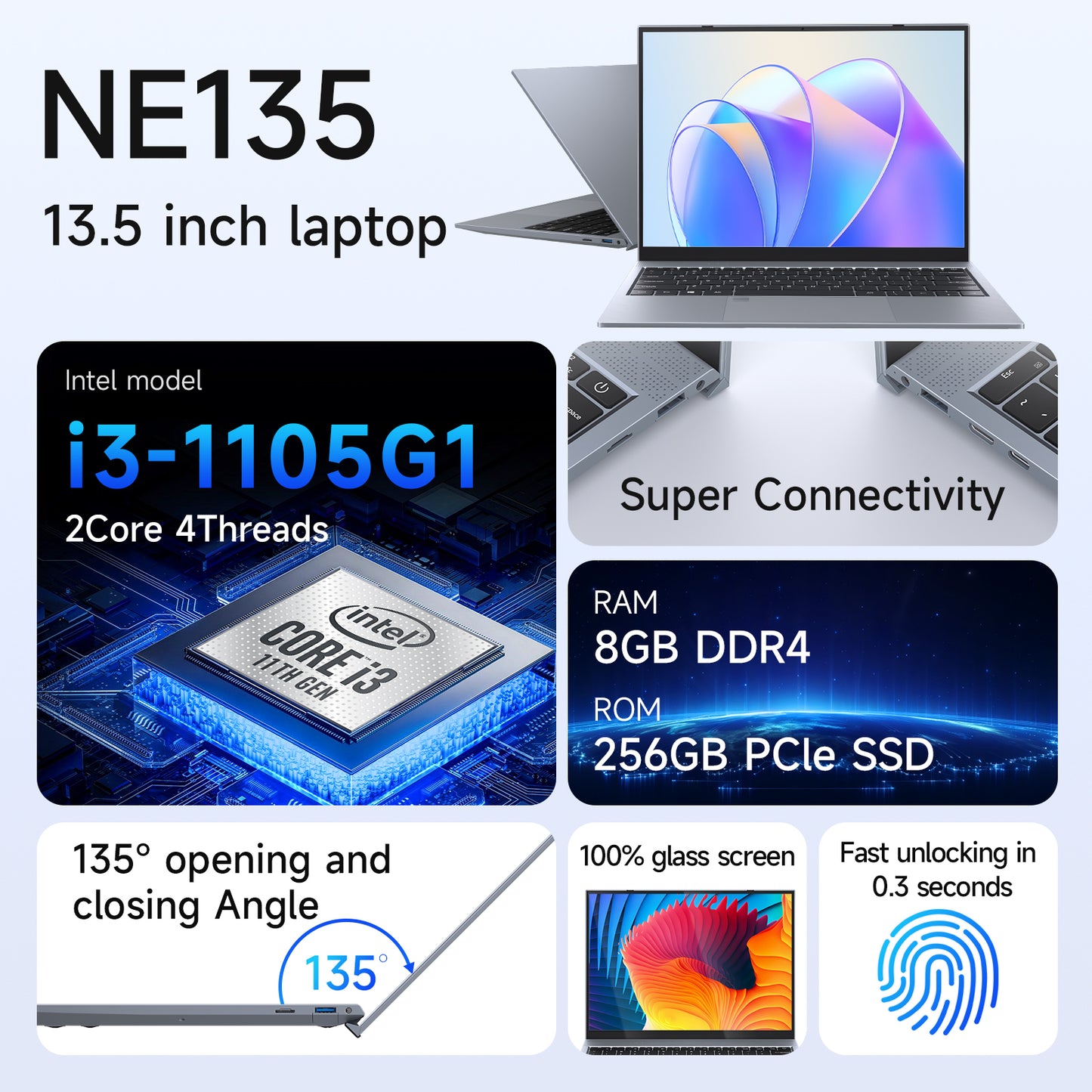 13.5 Intel core i3-1115G4 Laptop DDR4 8GB RAM 256GB SSD Business Student Computer, Backlit Keyboard, Fingerprint Recognition, 2256 * 1504 IPS 2K, WIFi6, USB3.2,PD/DP,1.2kg Portable Notebook