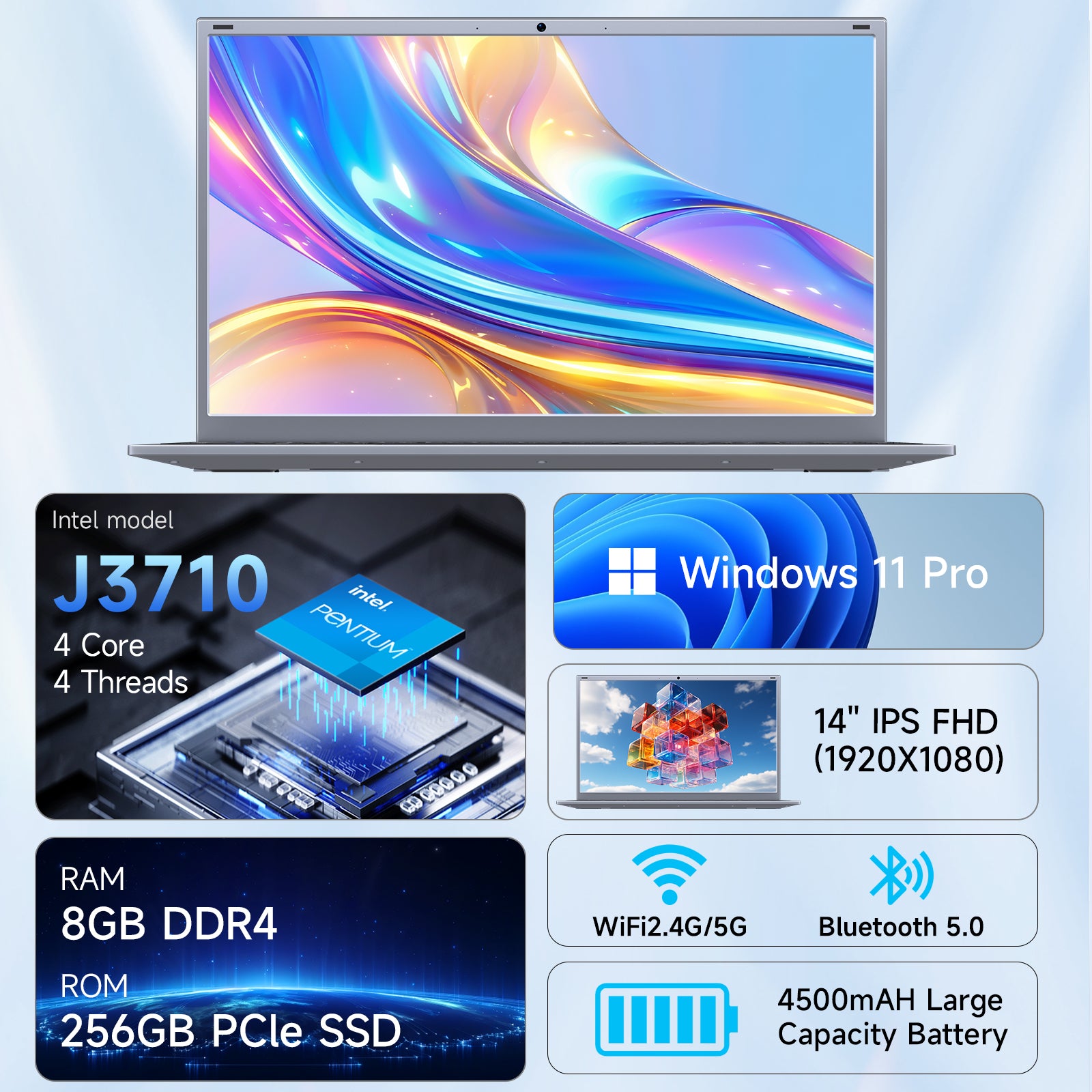 BLUEING 14.1" Laptop Computer, Windows 11 Laptop, 8GB RAM 256GB SSD, Intel Pentium Quad-Core Processor(Up to 2.64GHz), FHD 1080P IPS, Wi-Fi 5, BT5.0, Portable Notebook for Office, Students, Families BLUEING