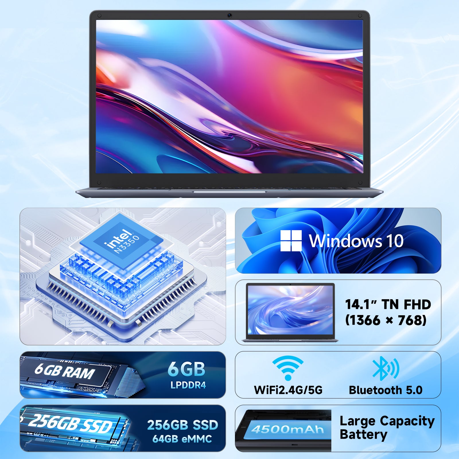 BLUEING 14" FHD Lightweight Laptop, Intel Celeron N3350 Laptop Computer, 6GB LPDDR4 RAM 320GB(64GB eMMC/256GB SSD), WI-FI 5, BT5.0, HD Camera, Windows 10 Laptop Computer for Home & Study BLUEING
