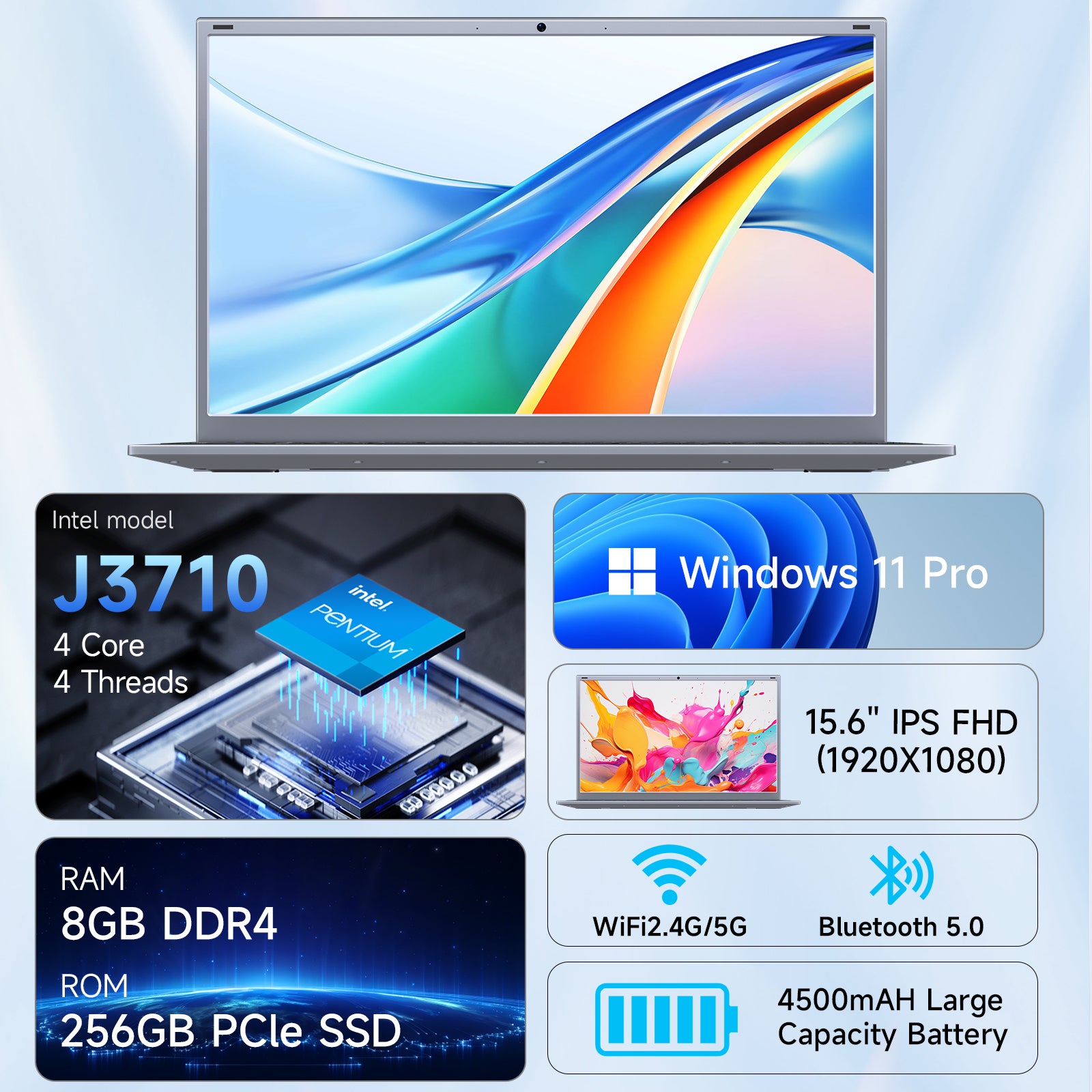 BLUEING 15.6" Laptop Computer, Windows 11 Laptop, 8GB RAM 256GB SSD, Intel Pentium Quad-Core Processor(Up to 2.64GHz), FHD 1080P IPS, Wi-Fi 5, BT5.0, Portable Notebook for Office, Students, Families BLUEING