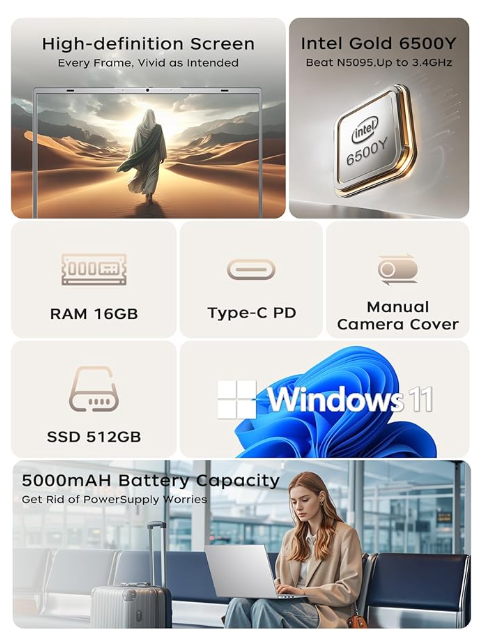 15.6 Inch Laptop-Computer, 16GB RAM 512GB SSD, Laptop with Gold 6500Y (Beat N5095, Up to 3.4GHz),1080P FHD IPS Display, Win11, Office 2024, Long Battery Life, Type-C, Silver, Laptops