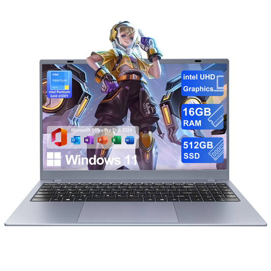 RNRUO 15.6" Windows 11 Laptop, 16GB RAM 512GB SSD, Intel Pentium Gold 6500Y with 2 Cores Up to 3.4GHz, Full HD Display, Office 2024, WiFi5 BT5.0, Laptop Computer for Business, Student, Home Office